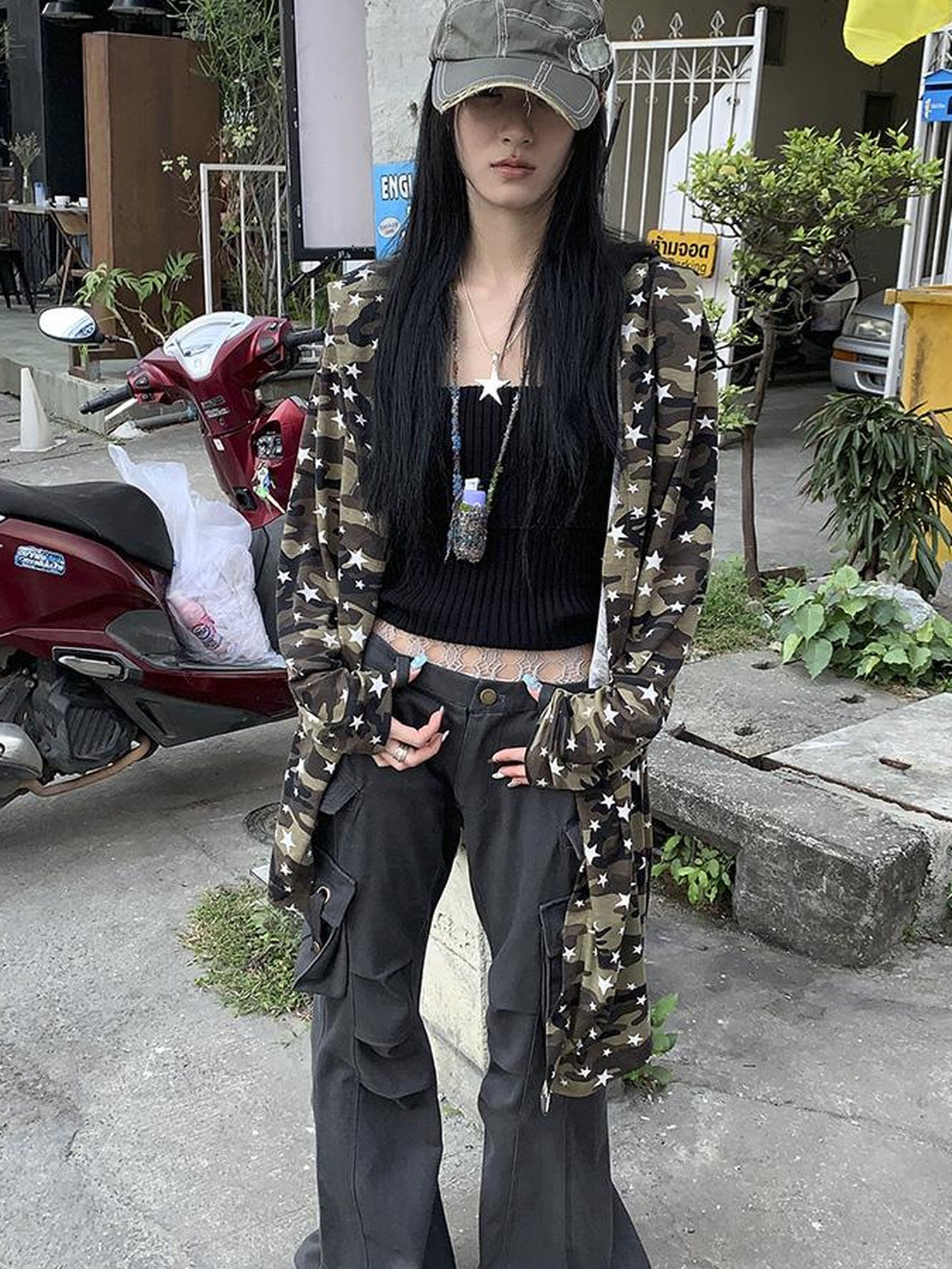 ang project Punk Star Camo Cropped Hoodie Top