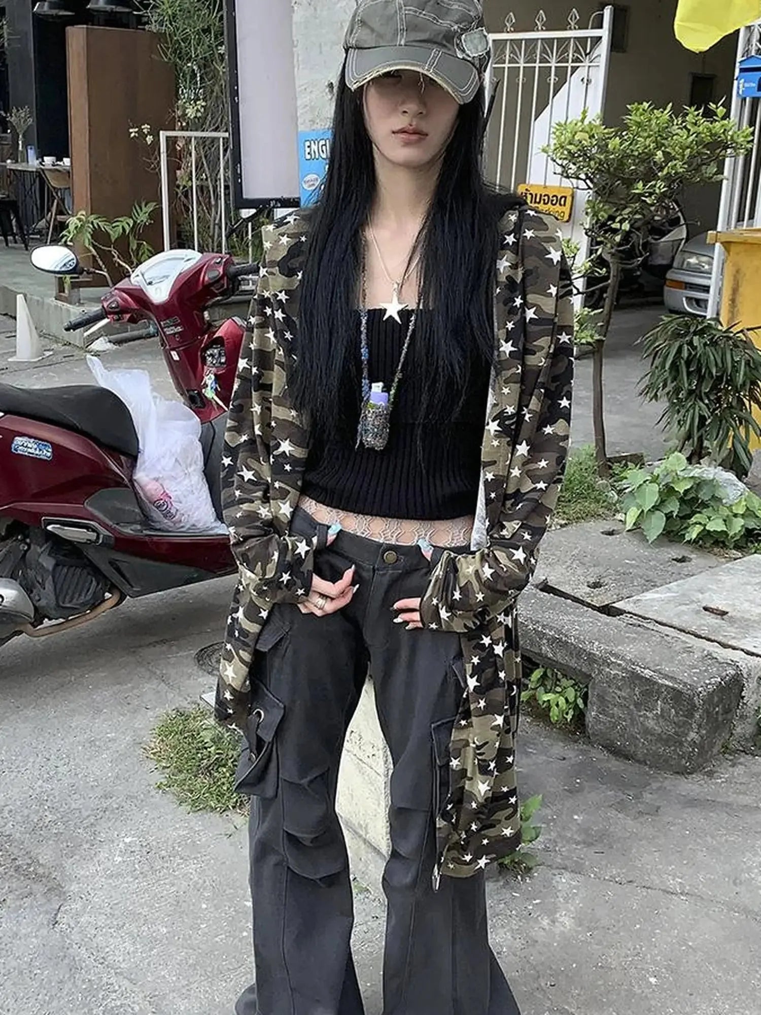 Punk Star Camo Cropped Hoodie Top