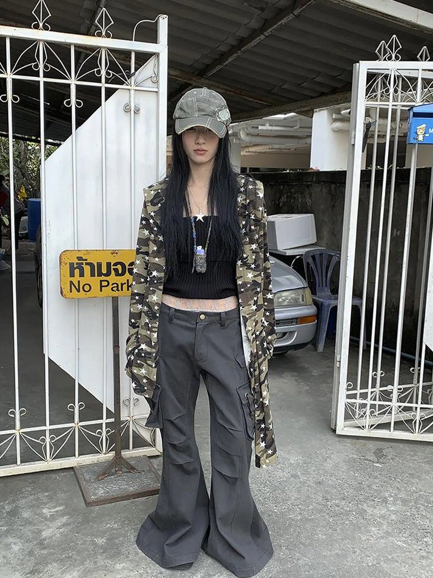 Punk Star Camo Cropped Hoodie Top