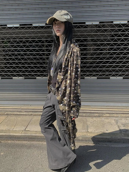 Punk Star Camo Cropped Hoodie Top