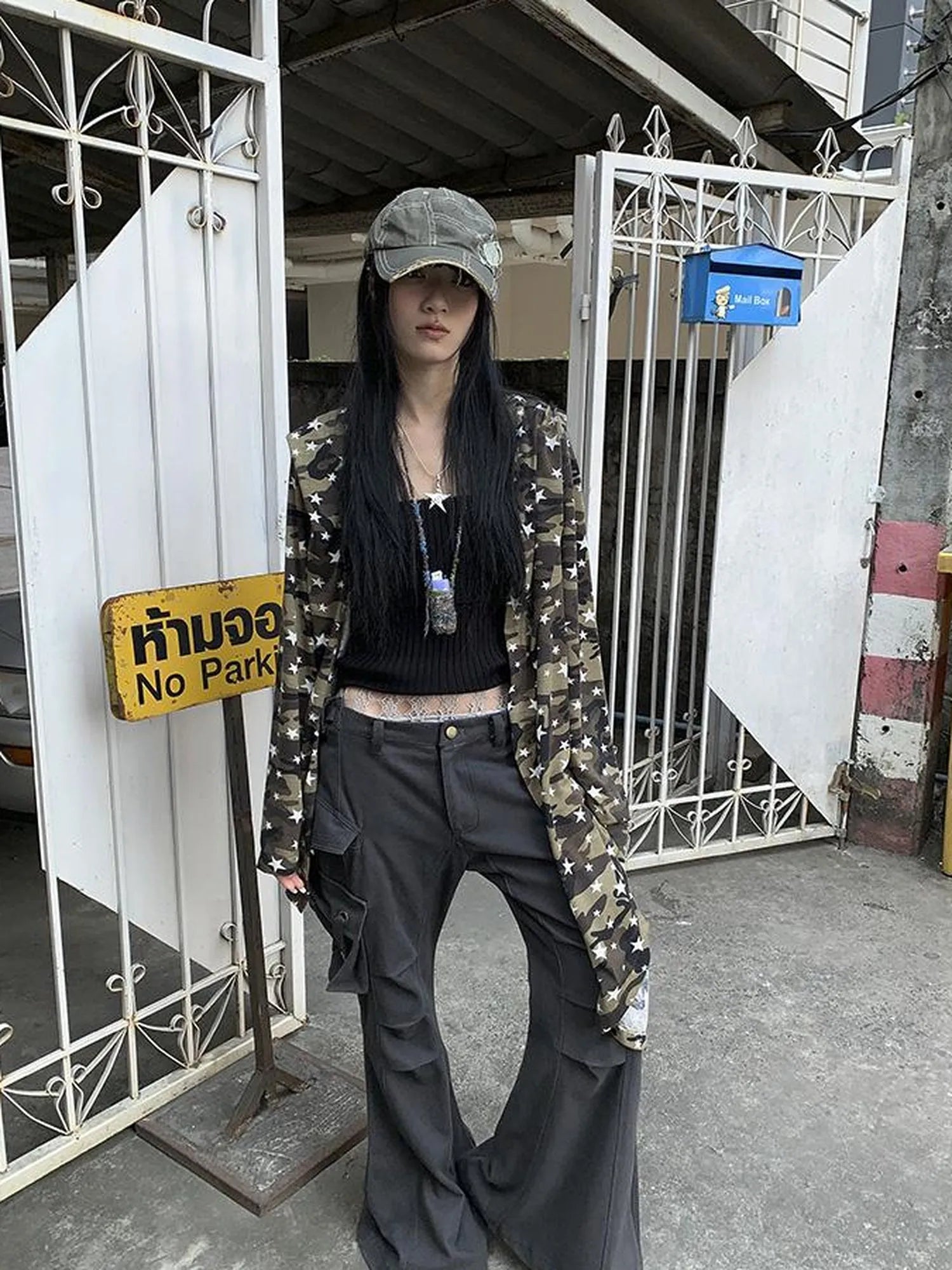 Punk Star Camo Cropped Hoodie Top