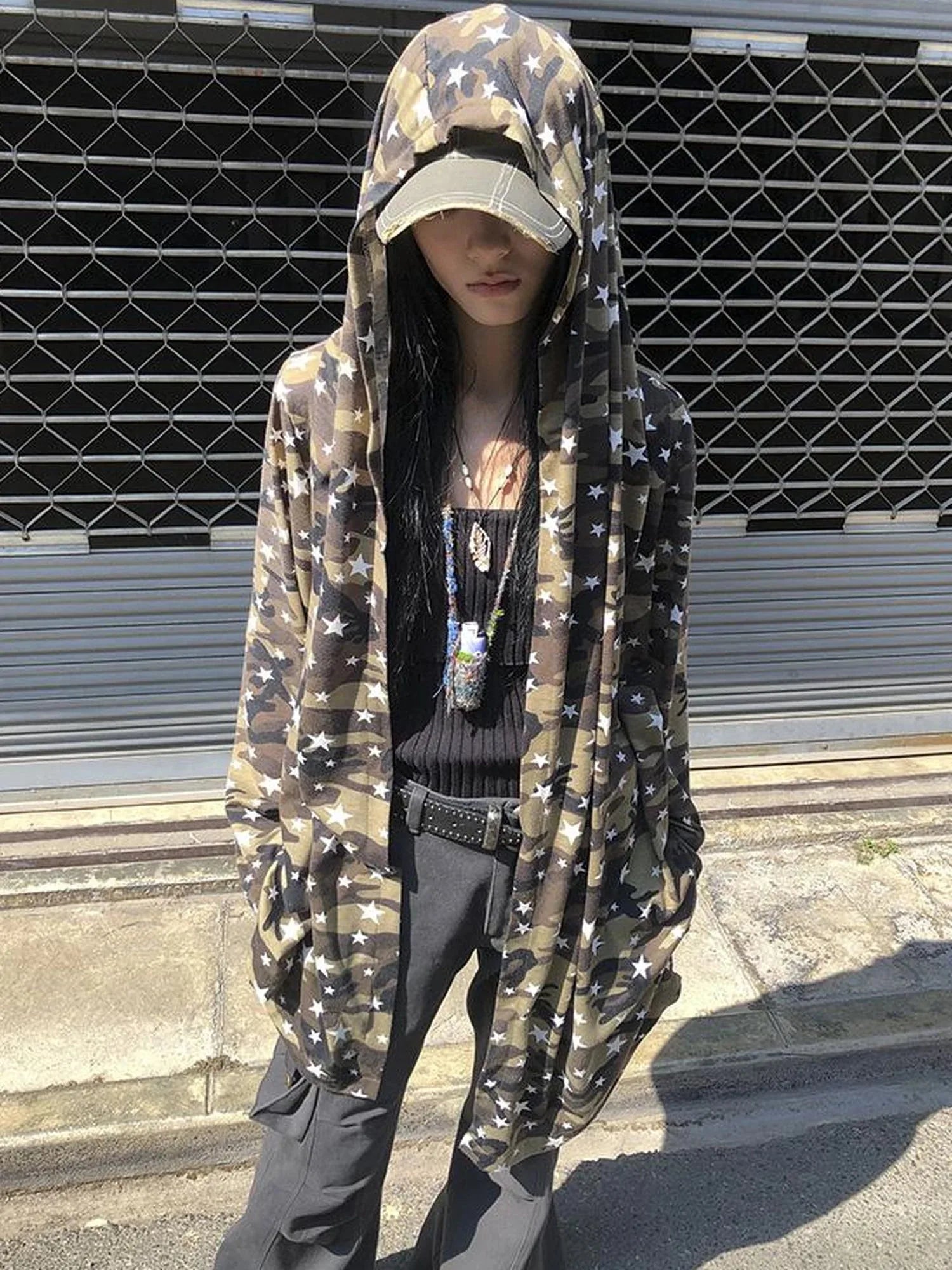 Punk Star Camo Cropped Hoodie Top