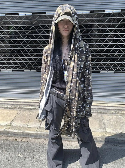 Punk Star Camo Cropped Hoodie Top
