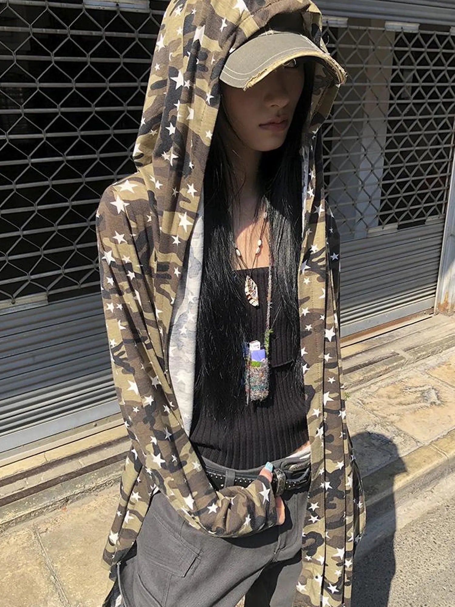 Punk Star Camo Cropped Hoodie Top