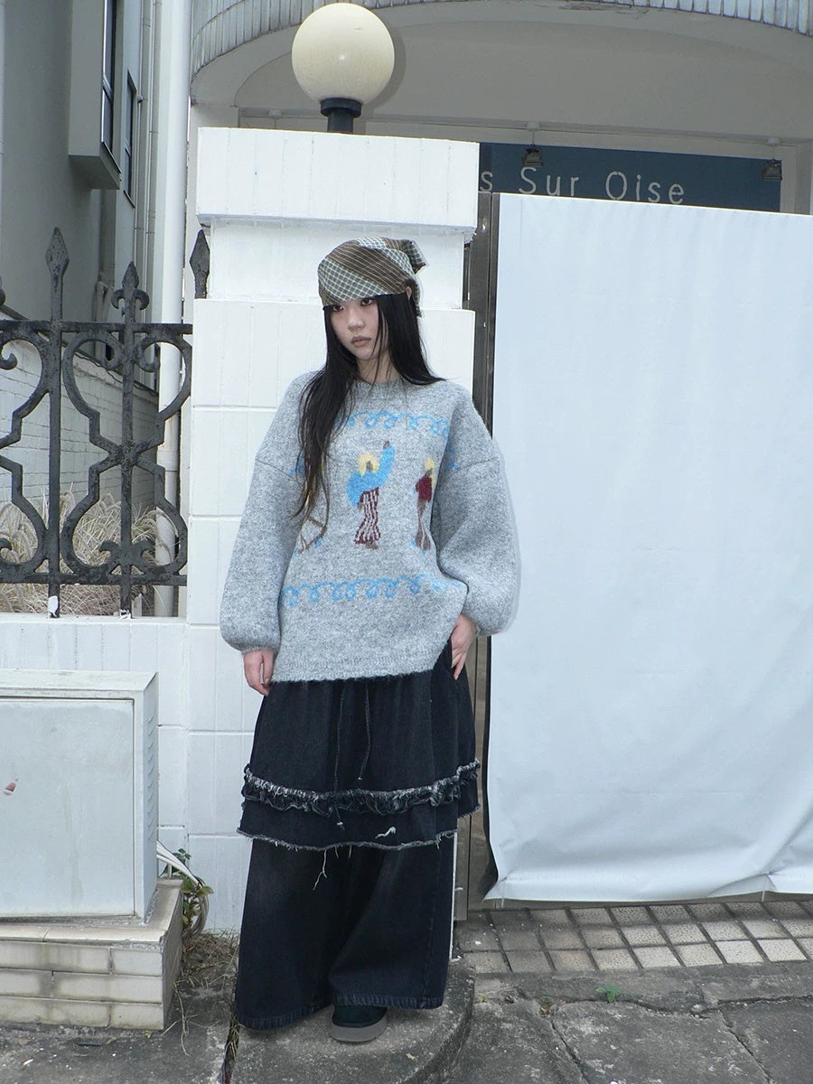 ang project Relaxed Loose Fit Pullover Printed Crewneck Long Sleeve Girls Navy Gray Sweater