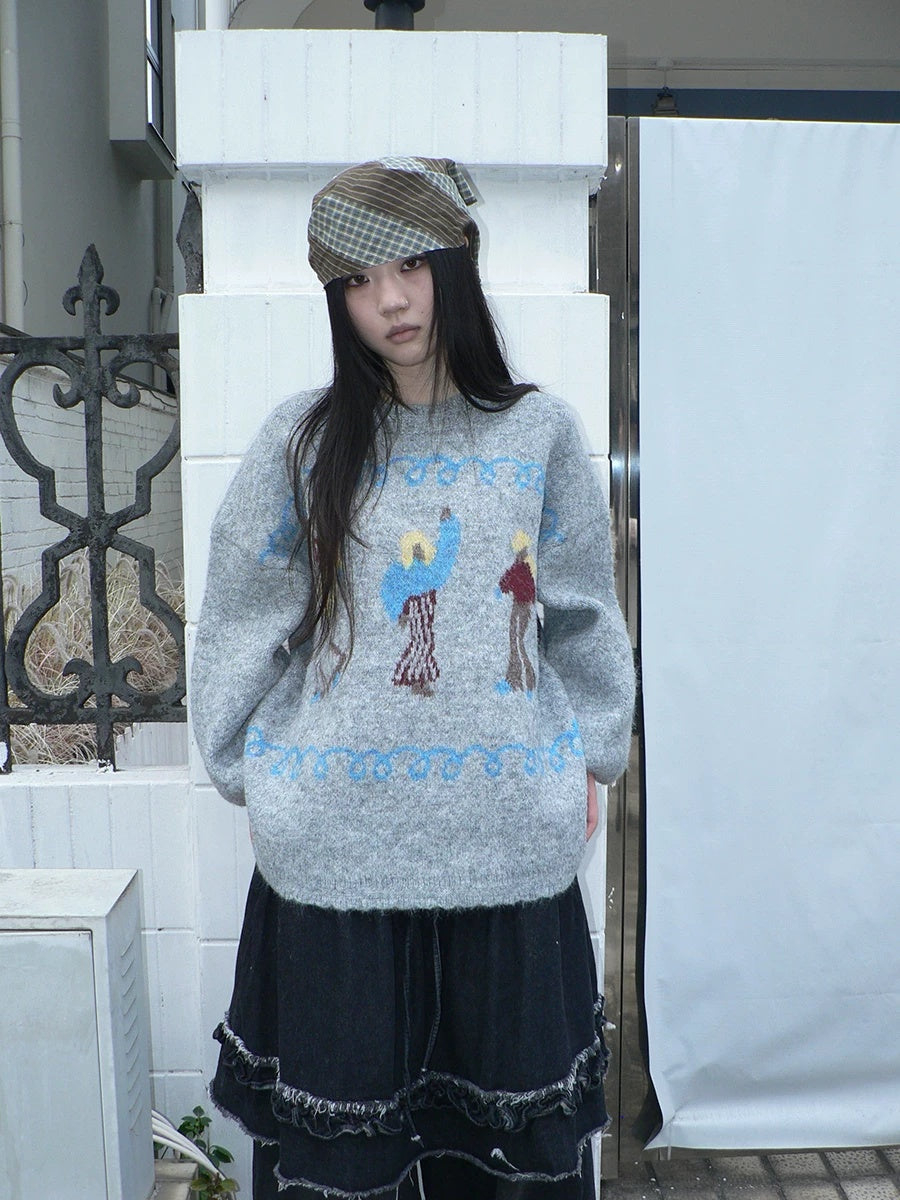 ang project Relaxed Loose Fit Pullover Printed Crewneck Long Sleeve Girls Navy Gray Sweater