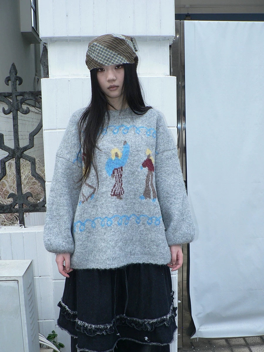 ang project Relaxed Loose Fit Pullover Printed Crewneck Long Sleeve Girls Navy Gray Sweater