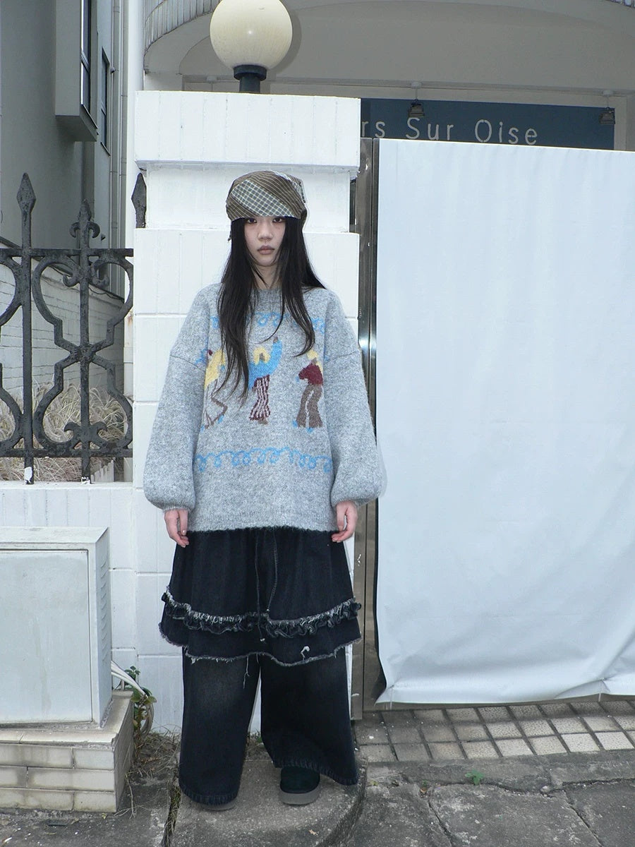 ang project Relaxed Loose Fit Pullover Printed Crewneck Long Sleeve Girls Navy Gray Sweater