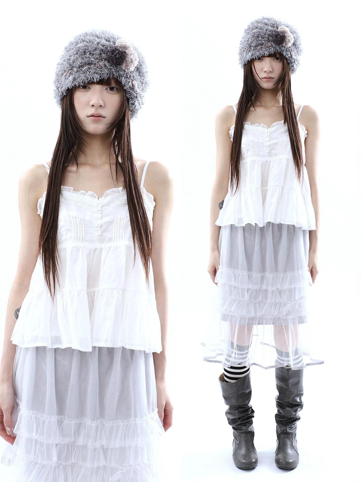 ang project Retro Ballet Pressed Pleated Ruffle Button Cropped Women&