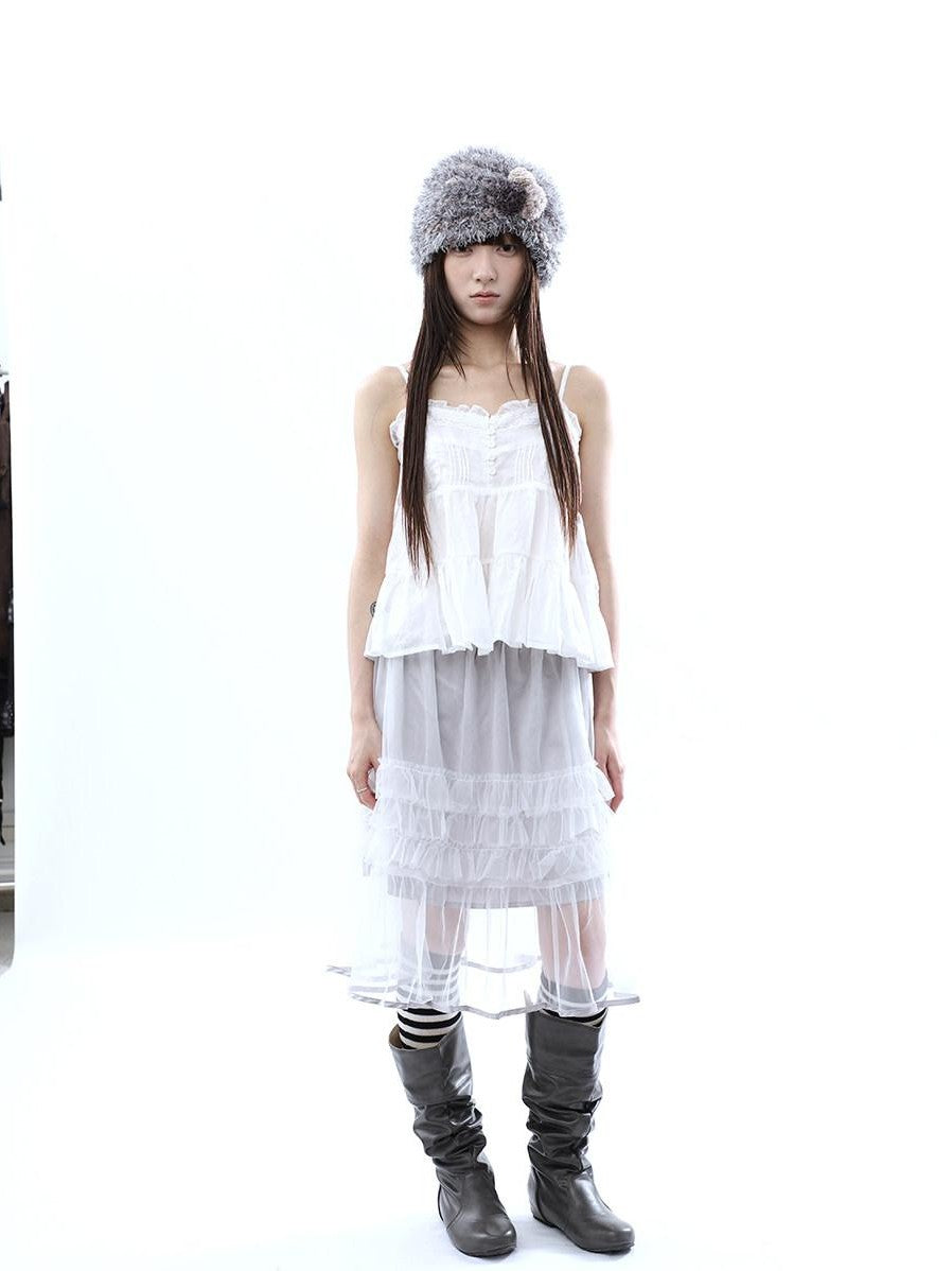 ang project Retro Ballet Pressed Pleated Ruffle Button Cropped Women&