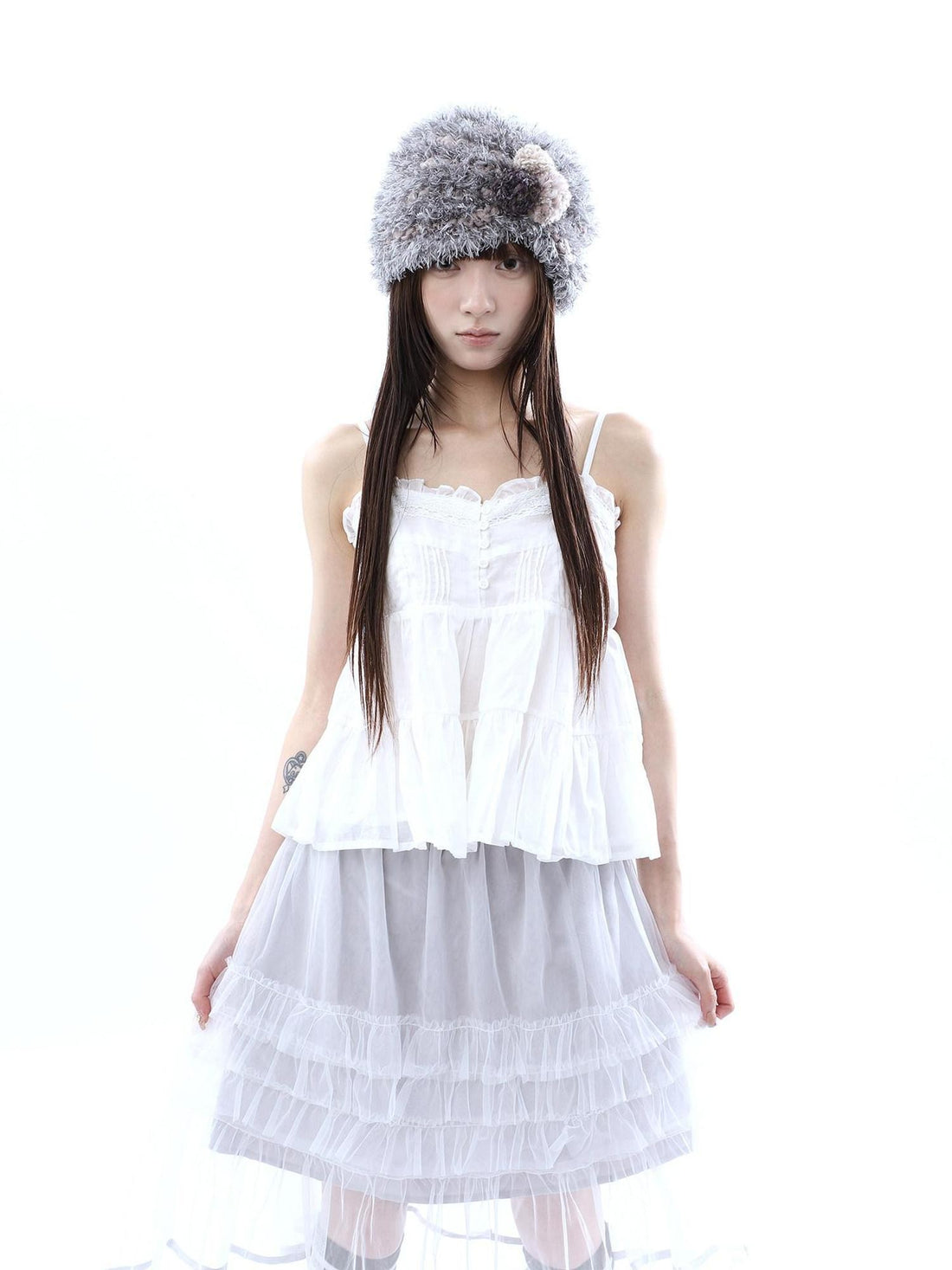 ang project Retro Ballet Pressed Pleated Ruffle Button Cropped Women&