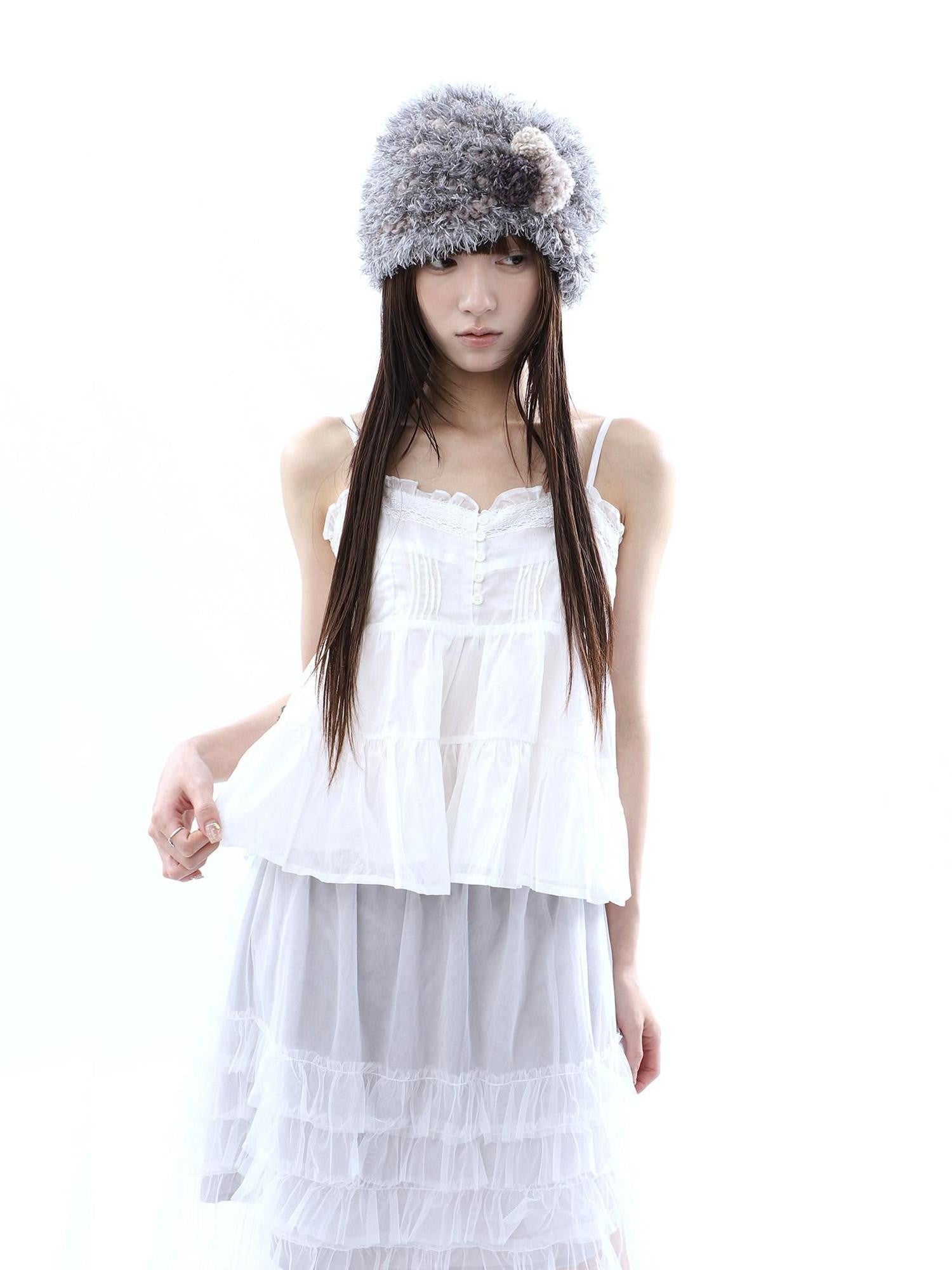 ang project Retro Ballet Pressed Pleated Ruffle Button Cropped Women&