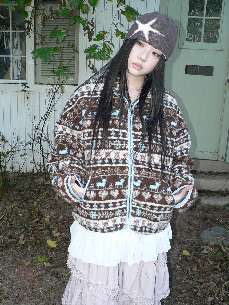 ang project Retro Chic Oversized Lapel Zip Long Sleeve Casual Women Outerwear Jacket