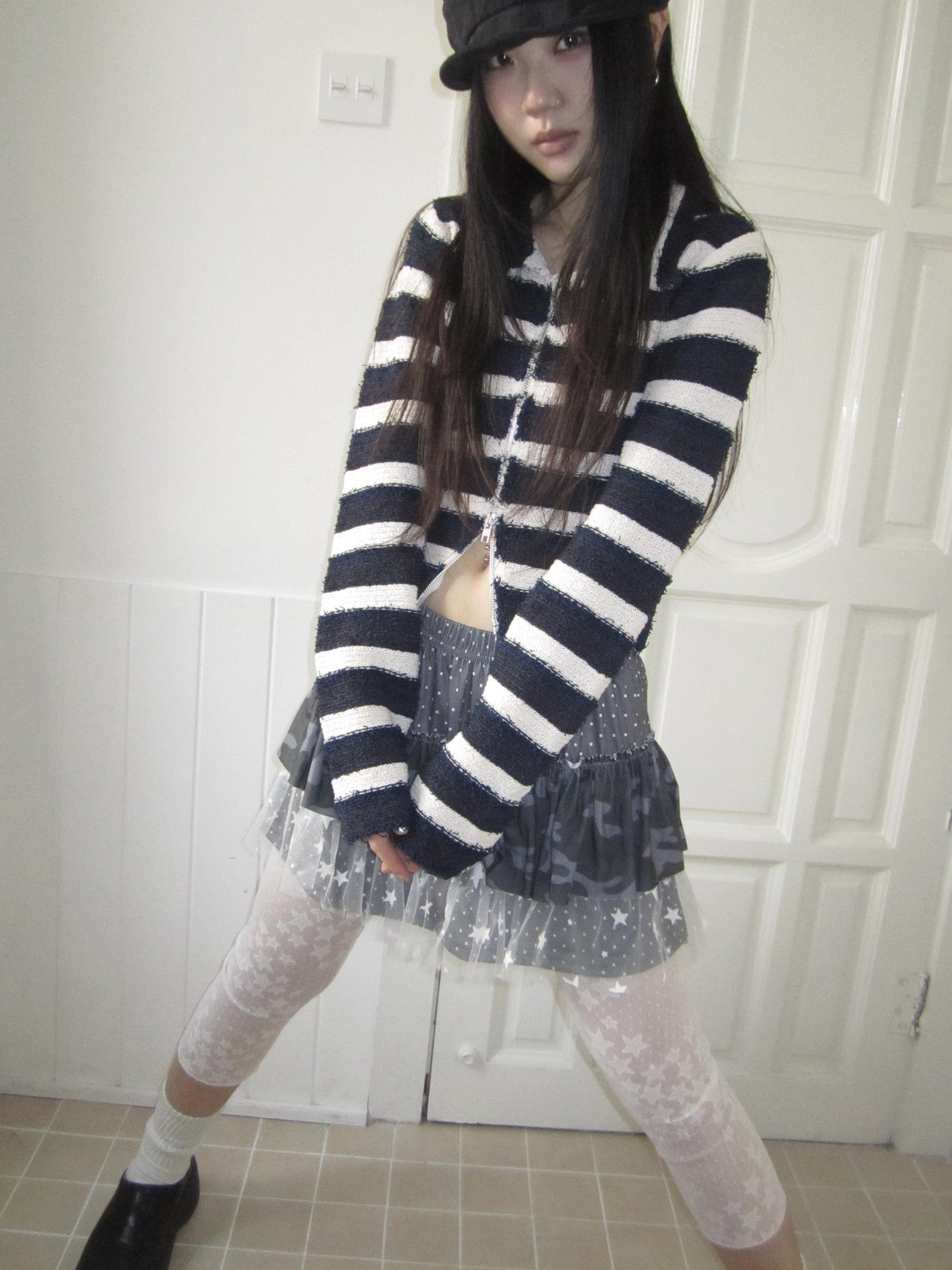 Updateang project Retro Color Block Striped Dual Zip Knit Cardigan