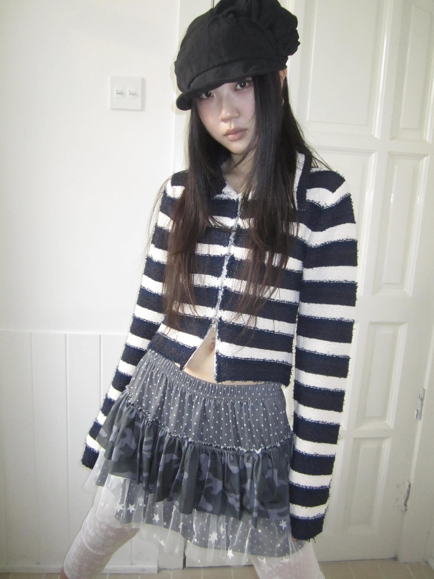 Updateang project Retro Color Block Striped Dual Zip Knit Cardigan