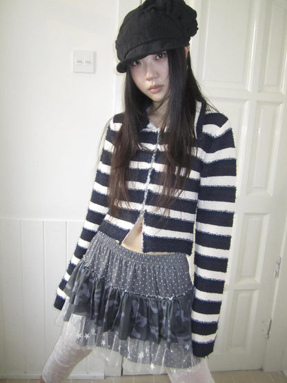 Updateang project Retro Color Block Striped Dual Zip Knit Cardigan