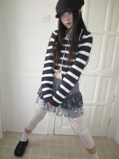 Updateang project Retro Color Block Striped Dual Zip Knit Cardigan