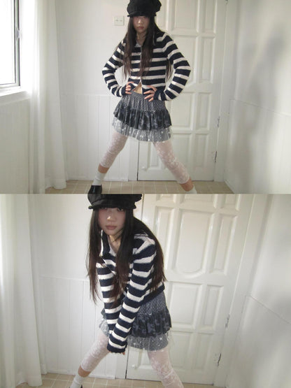 Updateang project Retro Color Block Striped Dual Zip Knit Cardigan