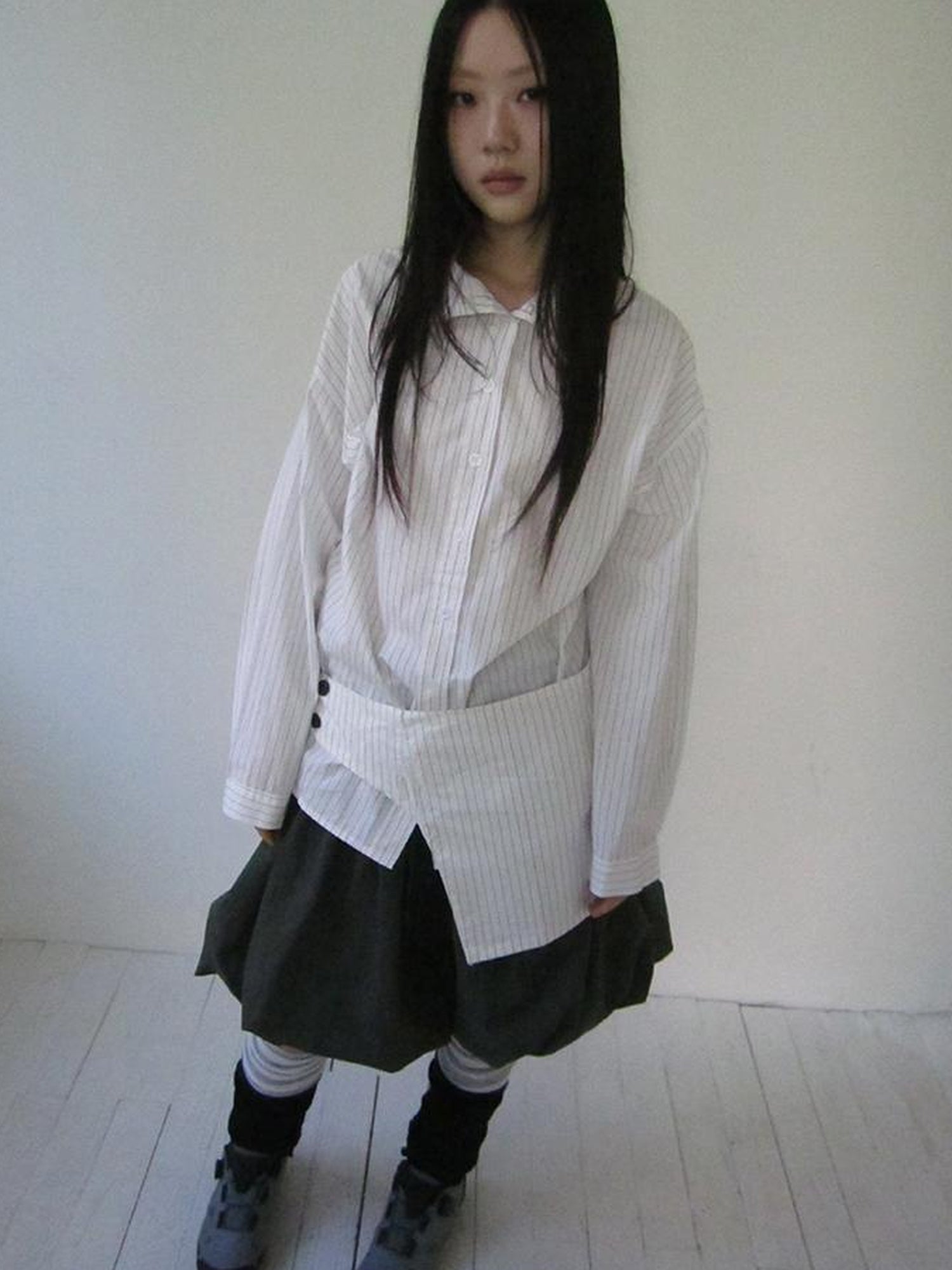 Retro Color Block Striped Shirt With Waist Cincher Two Piece Set