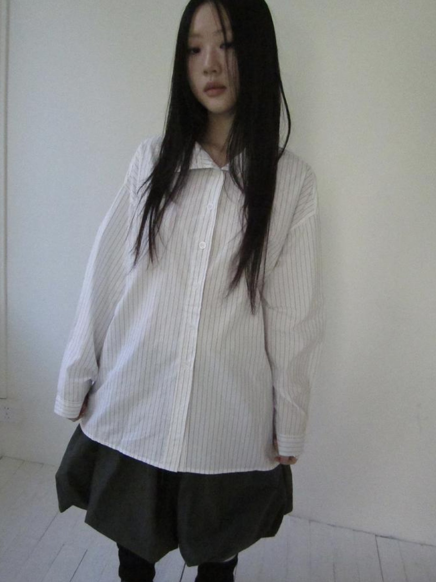 Retro Color Block Striped Shirt With Waist Cincher Two Piece Set