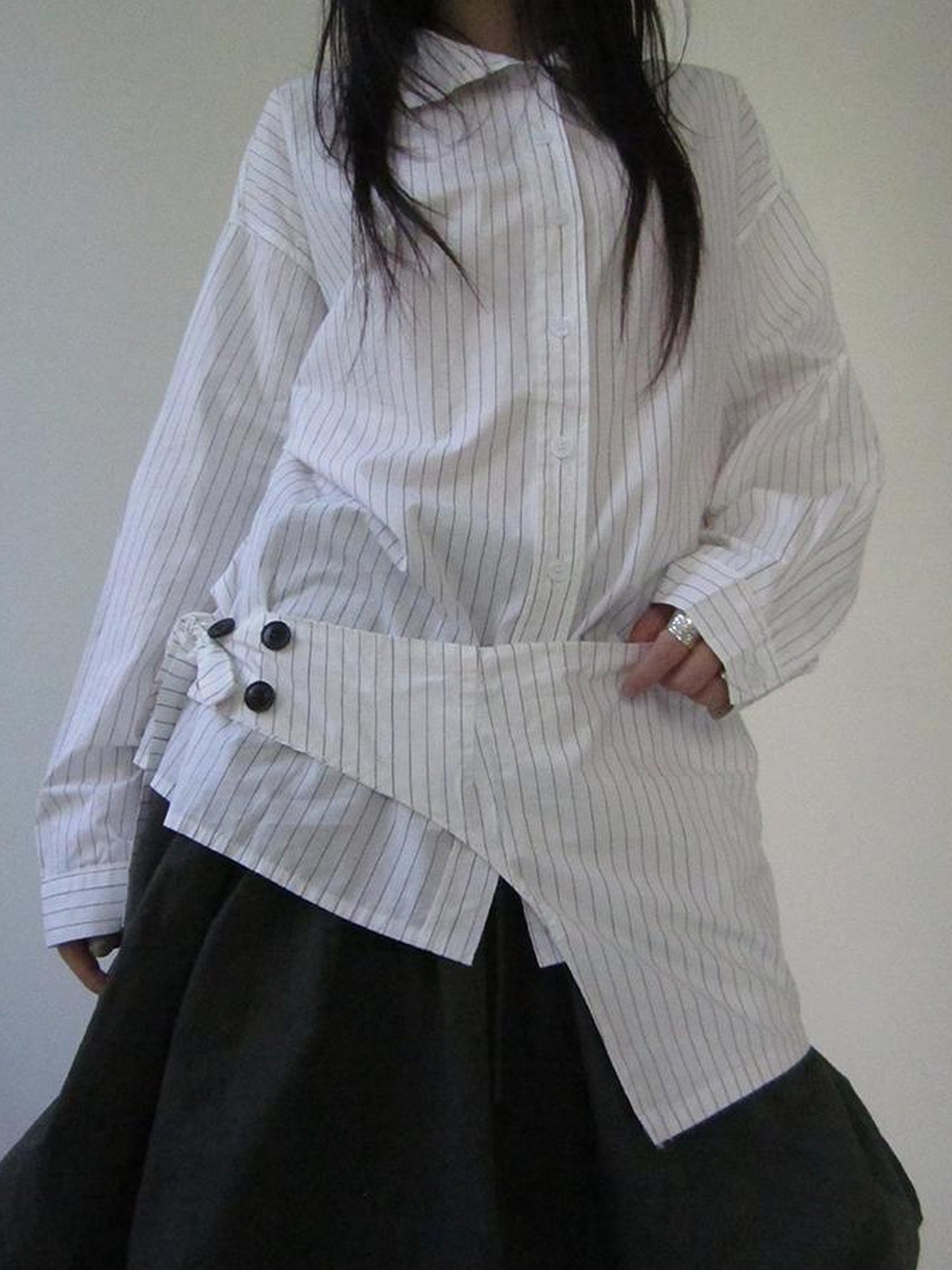 Retro Color Block Striped Shirt With Waist Cincher Two Piece Set