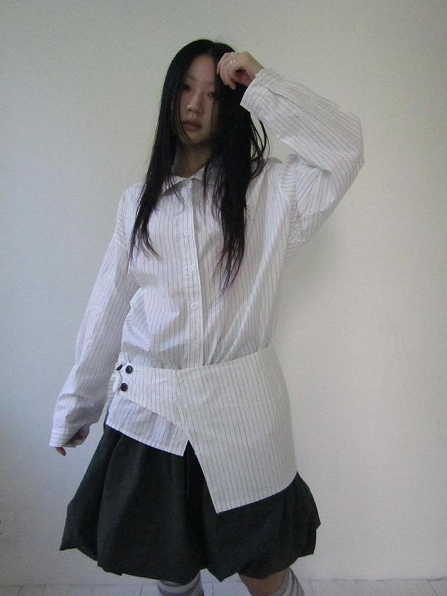 Retro Color Block Striped Shirt With Waist Cincher Two Piece Set