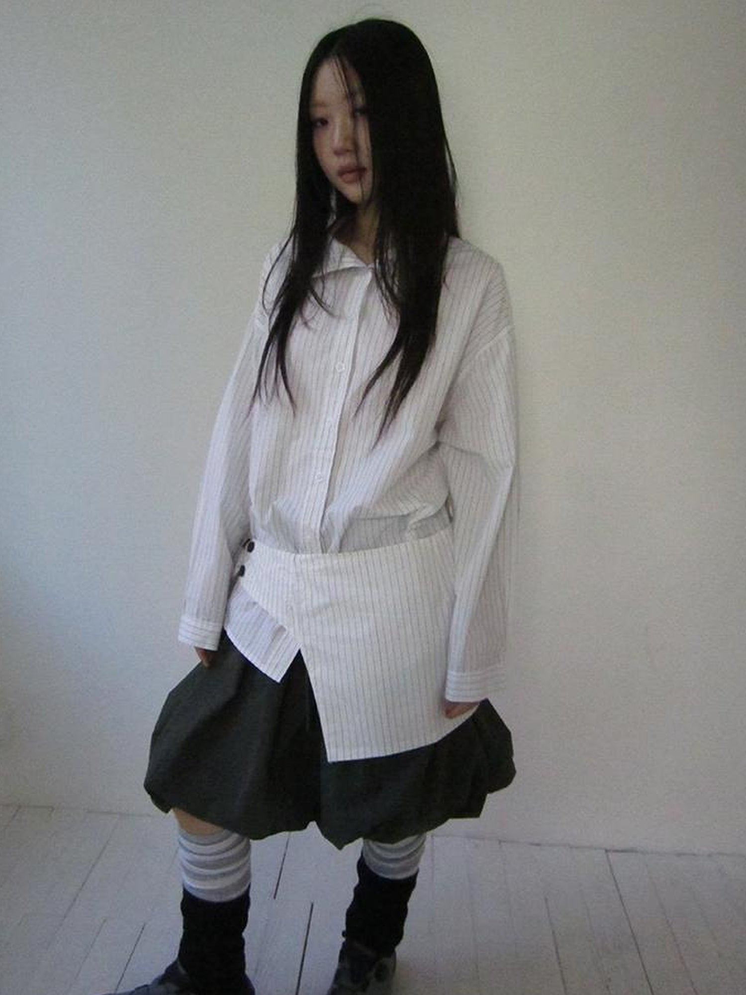 Retro Color Block Striped Shirt With Waist Cincher Two Piece Set
