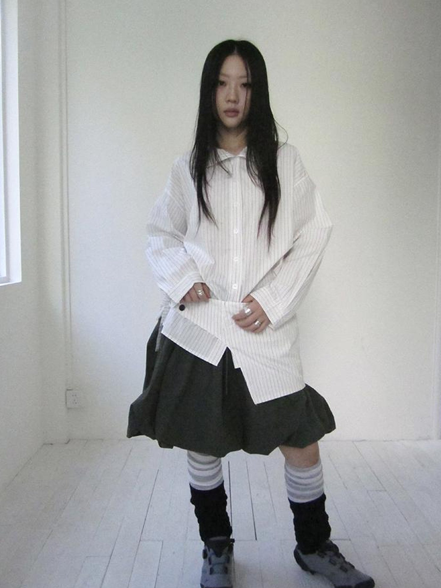Retro Color Block Striped Shirt With Waist Cincher Two Piece Set