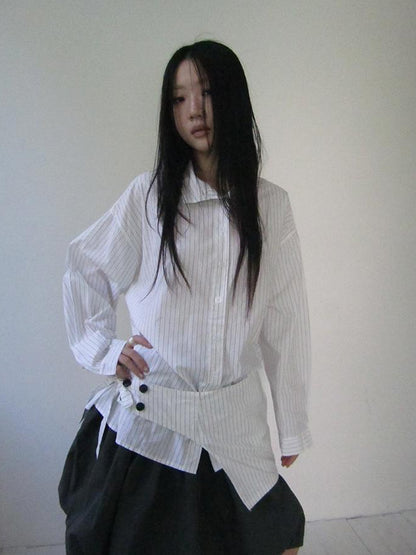Retro Color Block Striped Shirt With Waist Cincher Two Piece Set