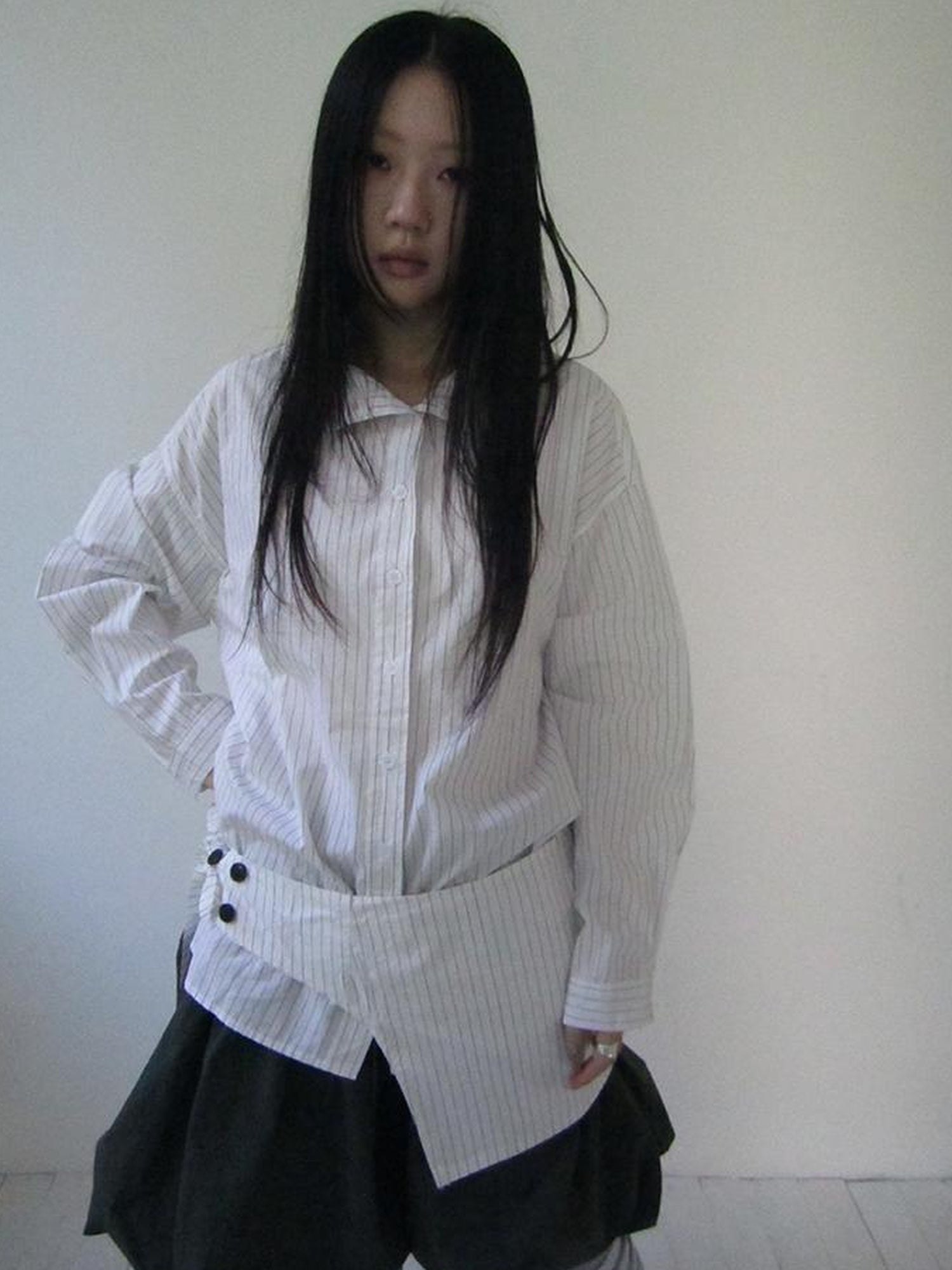 Retro Color Block Striped Shirt With Waist Cincher Two Piece Set