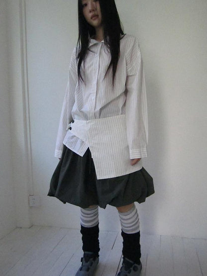 Retro Color Block Striped Shirt With Waist Cincher Two Piece Set