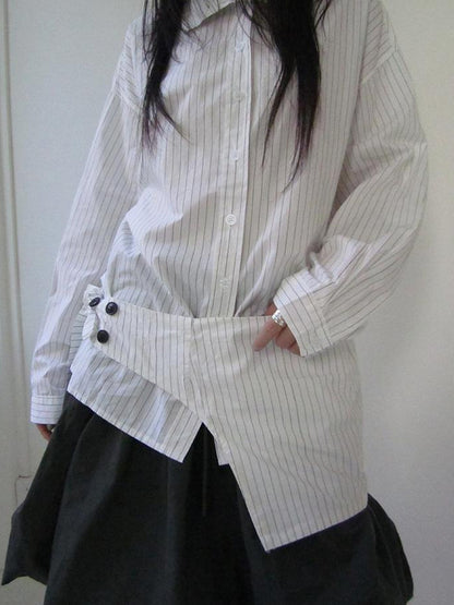 Retro Color Block Striped Shirt With Waist Cincher Two Piece Set