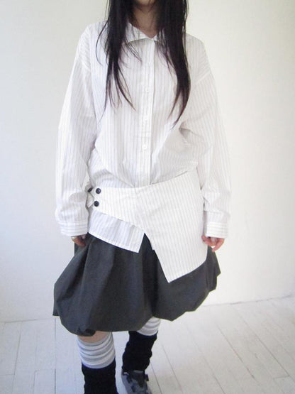 Retro Color Block Striped Shirt With Waist Cincher Two Piece Set