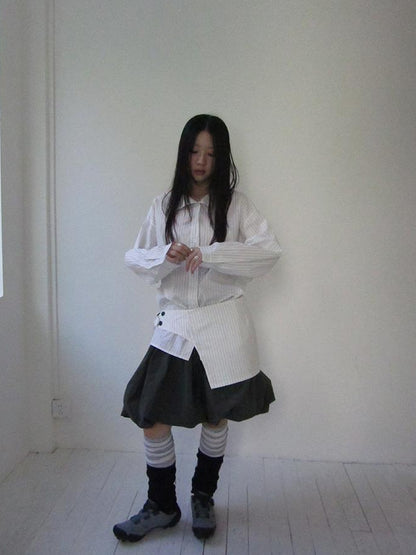 Retro Color Block Striped Shirt With Waist Cincher Two Piece Set