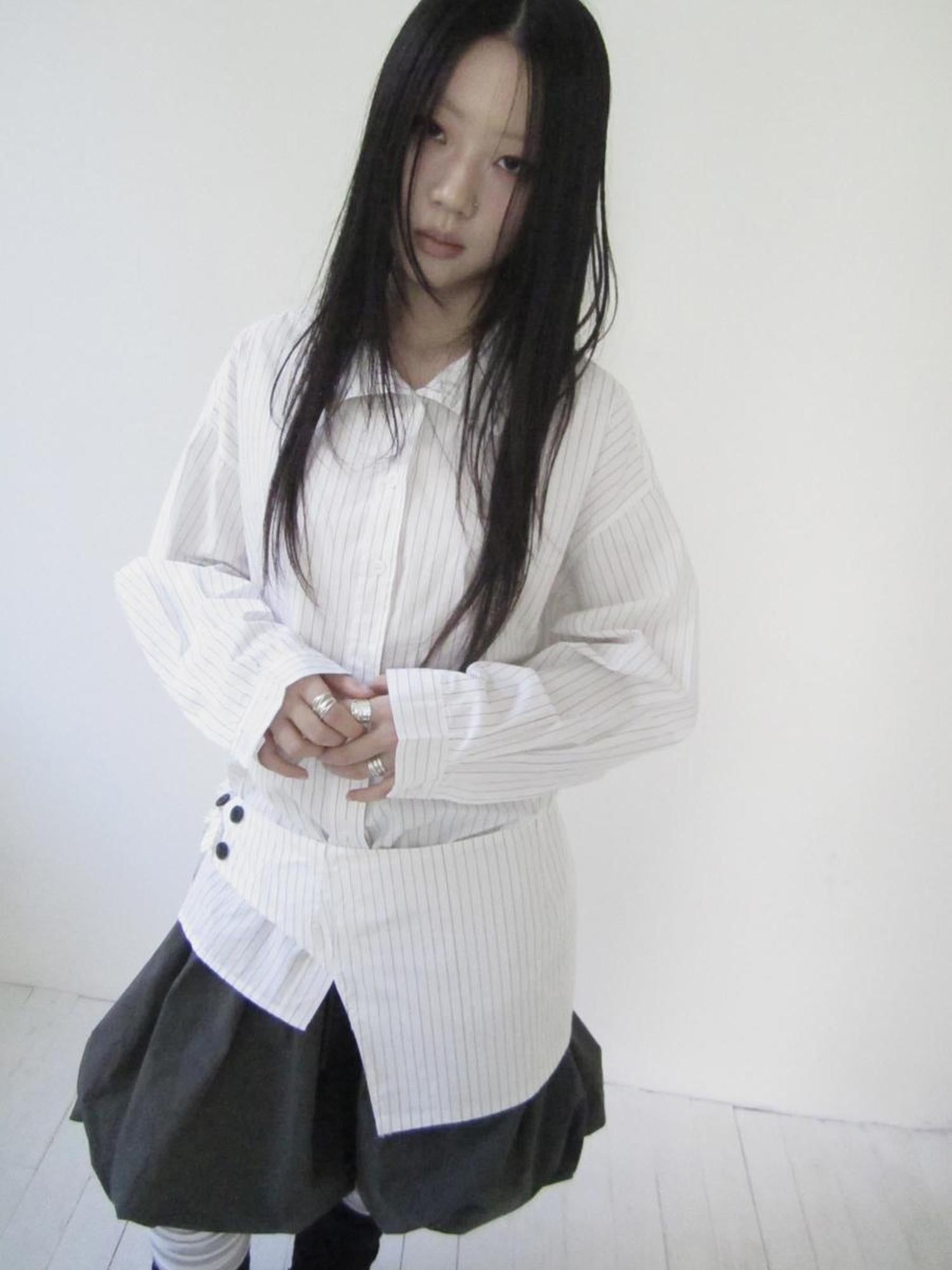 Retro Color Block Striped Shirt With Waist Cincher Two Piece Set