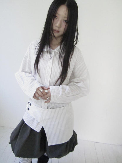Retro Color Block Striped Shirt With Waist Cincher Two Piece Set