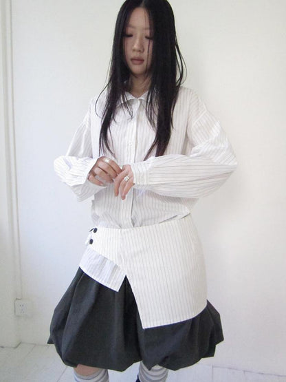 Retro Color Block Striped Shirt With Waist Cincher Two Piece Set