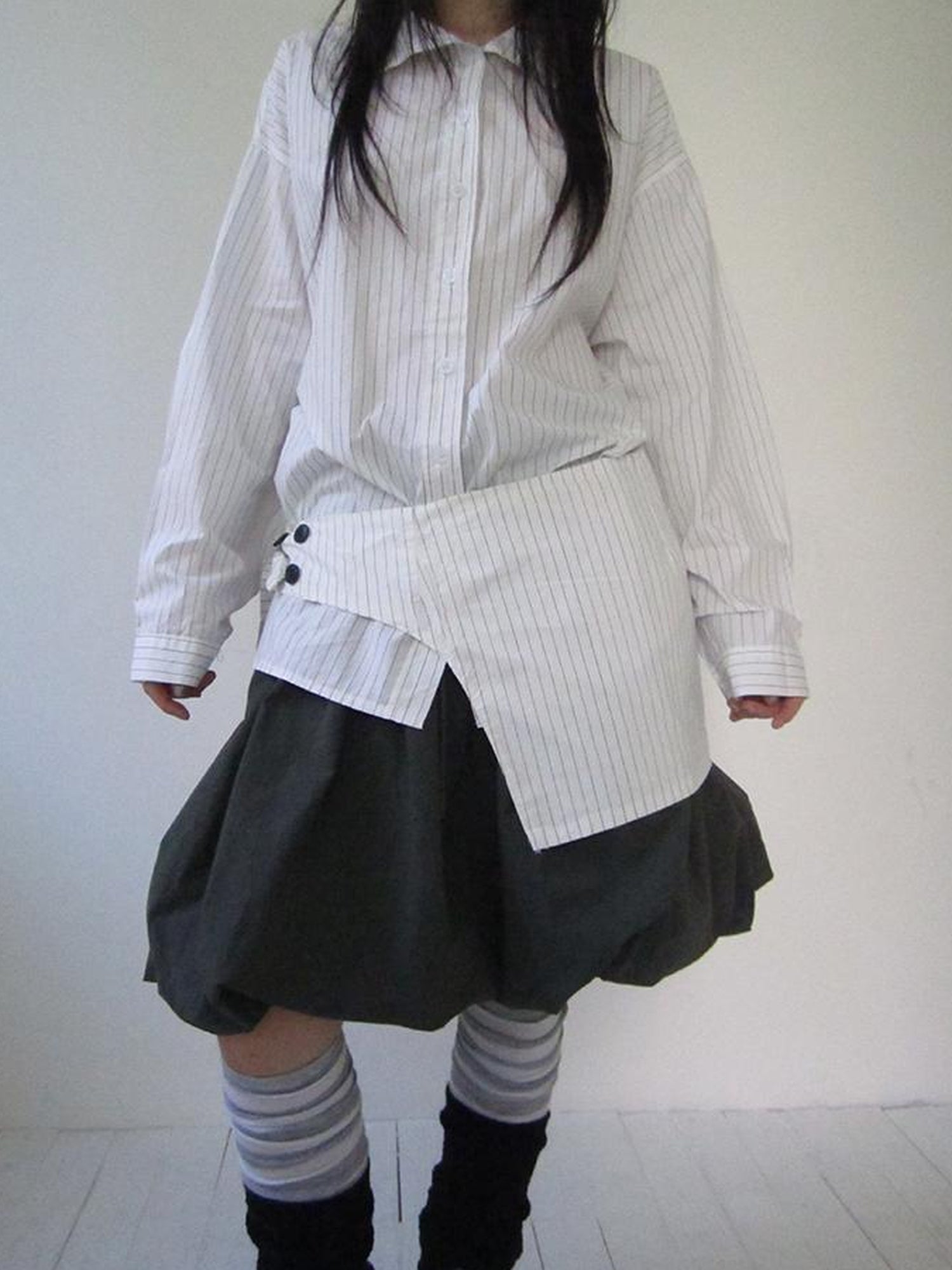 Retro Color Block Striped Shirt With Waist Cincher Two Piece Set