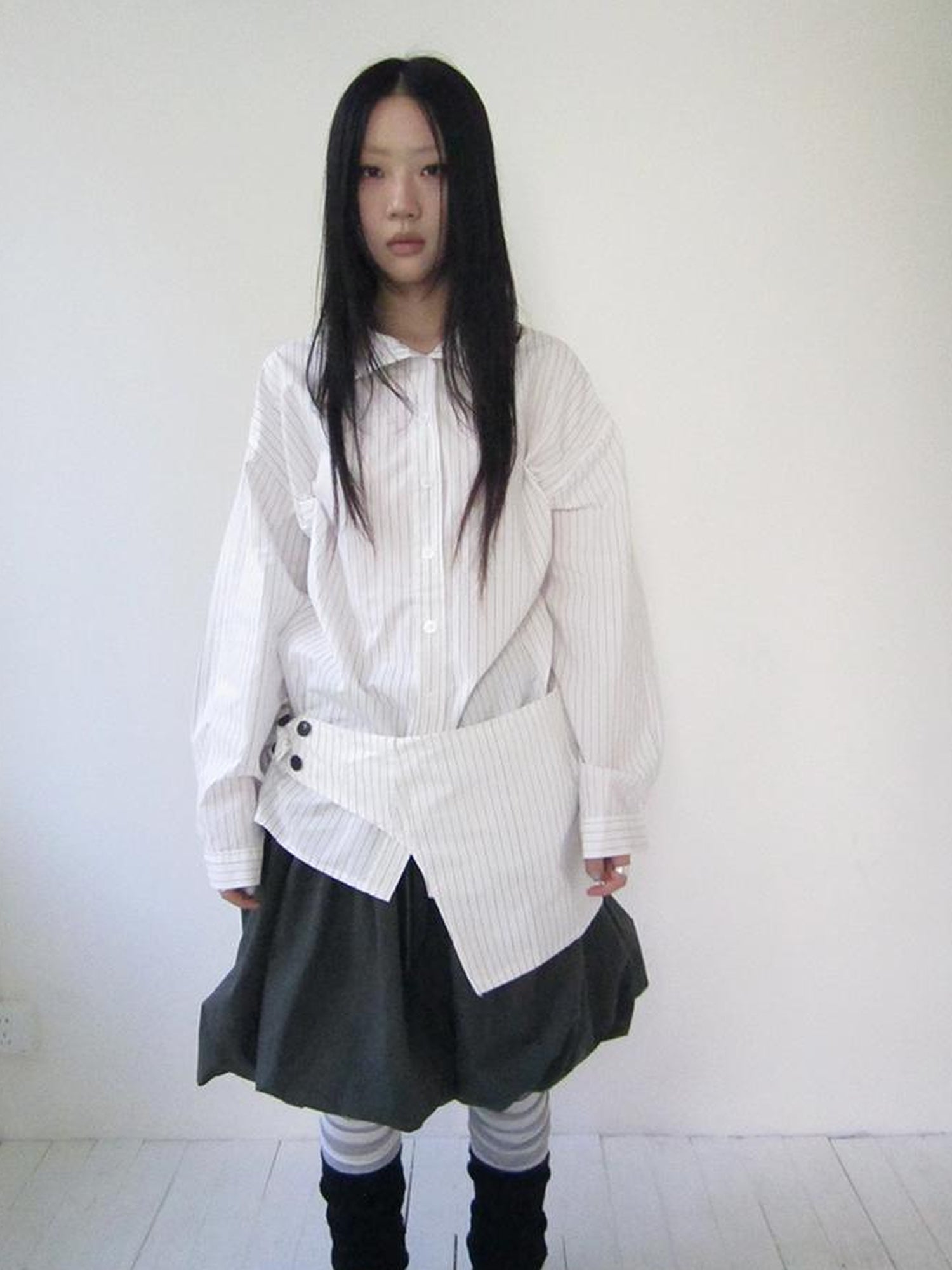 Retro Color Block Striped Shirt With Waist Cincher Two Piece Set