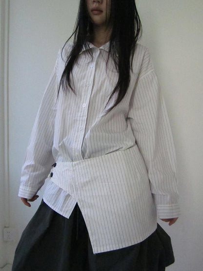 Retro Color Block Striped Shirt With Waist Cincher Two Piece Set