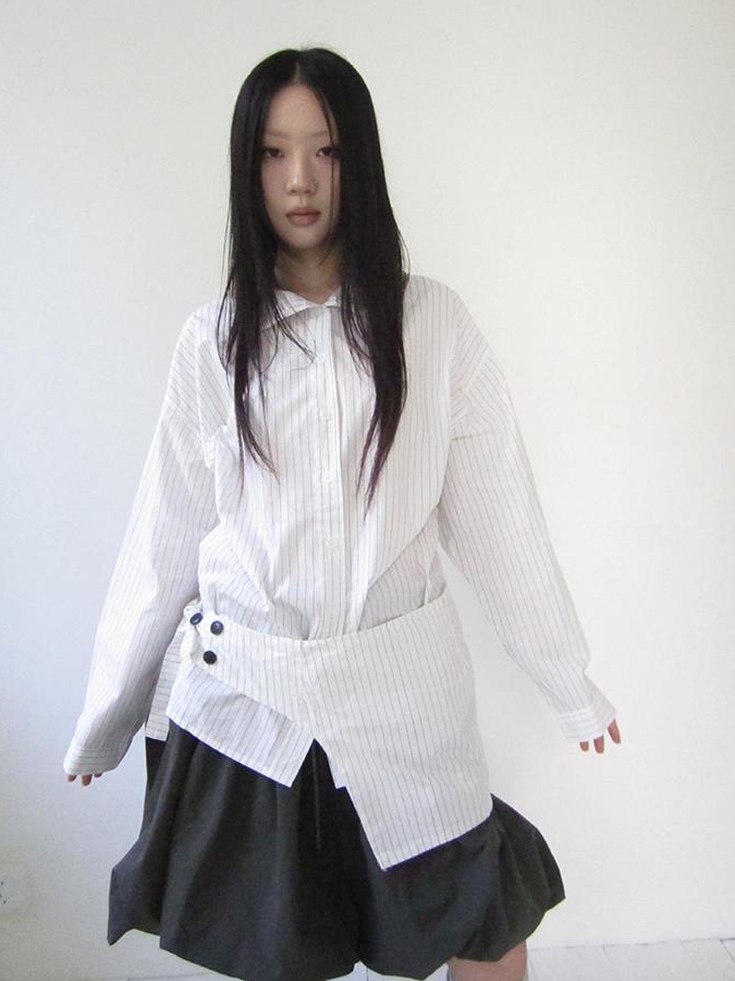 Retro Color Block Striped Shirt With Waist Cincher Two Piece Set