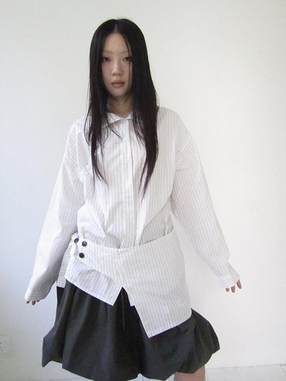 Retro Color Block Striped Shirt With Waist Cincher Two Piece Set
