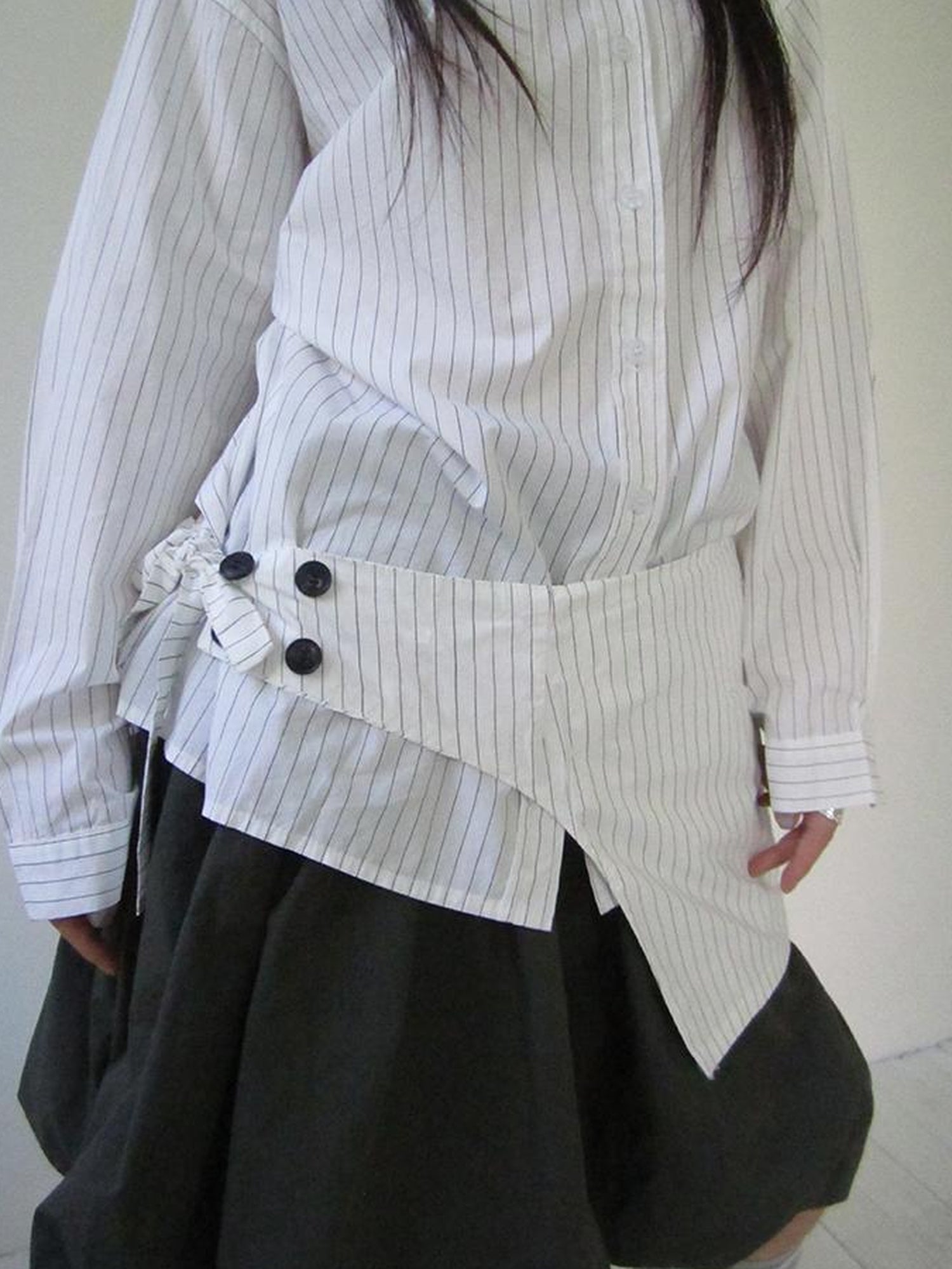 Retro Color Block Striped Shirt With Waist Cincher Two Piece Set