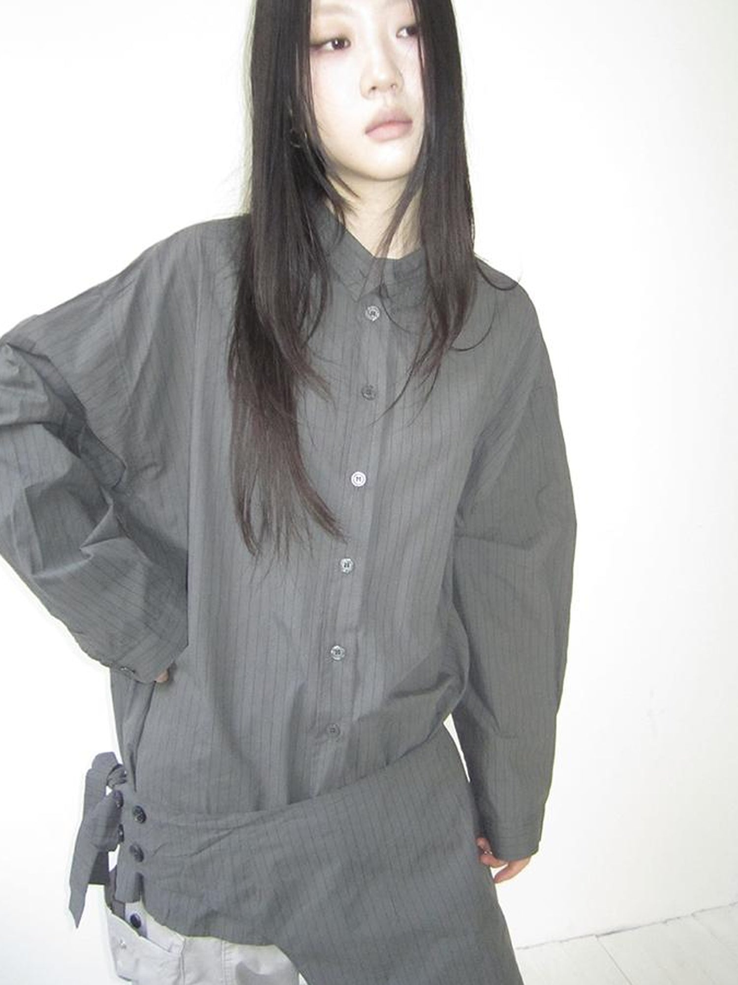 Retro Color Block Striped Shirt With Waist Cincher Two Piece Set