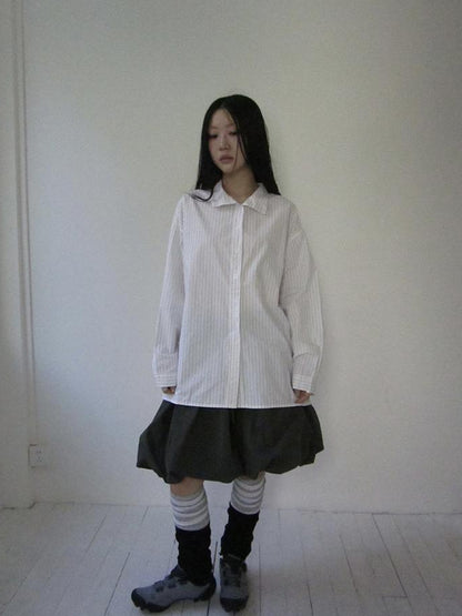 Retro Color Block Striped Shirt With Waist Cincher Two Piece Set