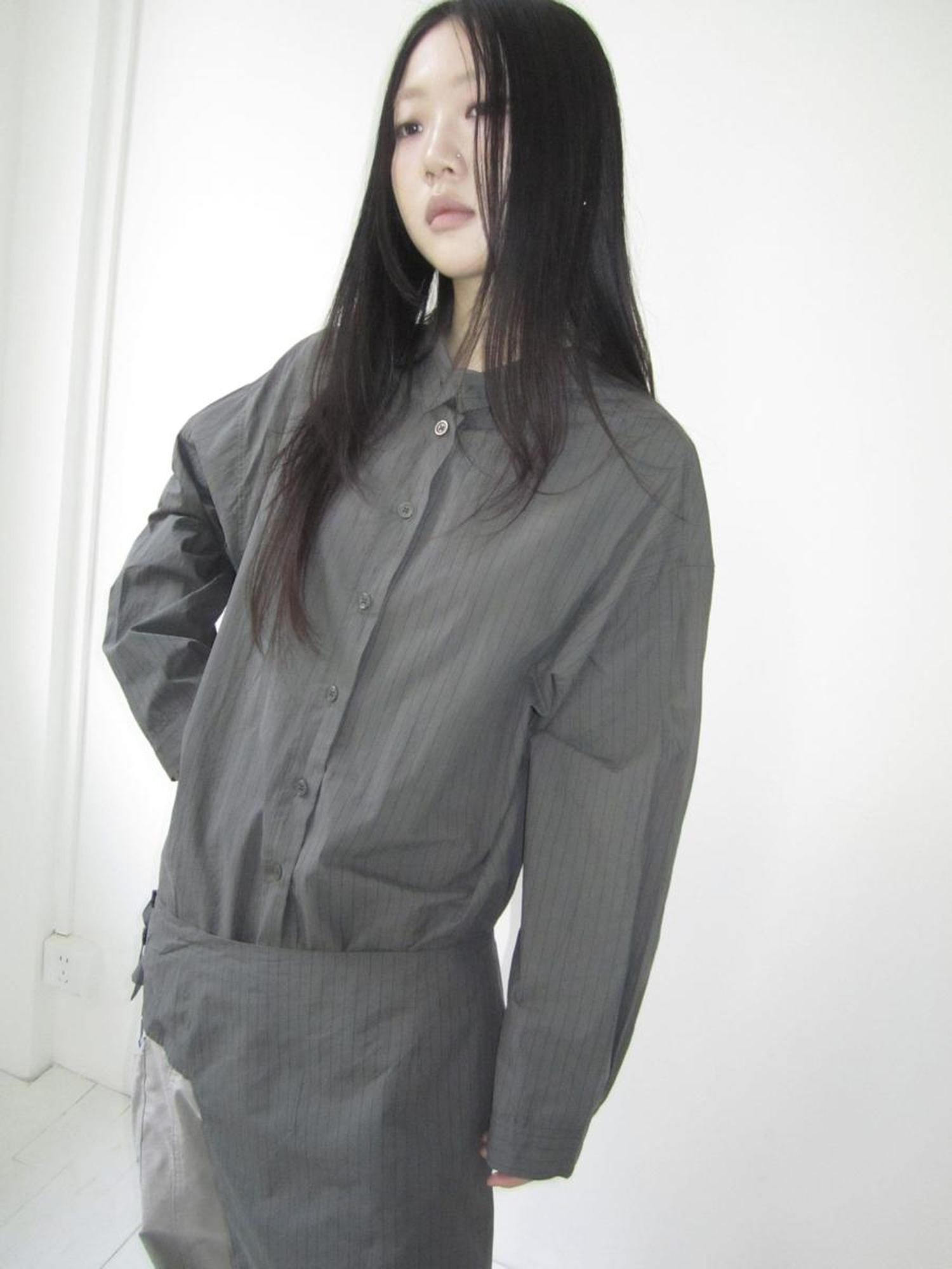 Retro Color Block Striped Shirt With Waist Cincher Two Piece Set