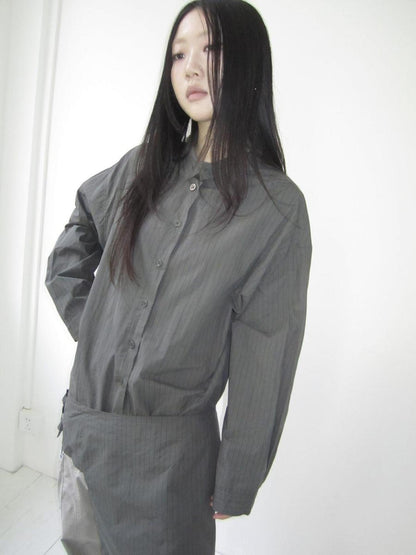 Retro Color Block Striped Shirt With Waist Cincher Two Piece Set