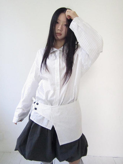 Retro Color Block Striped Shirt With Waist Cincher Two Piece Set