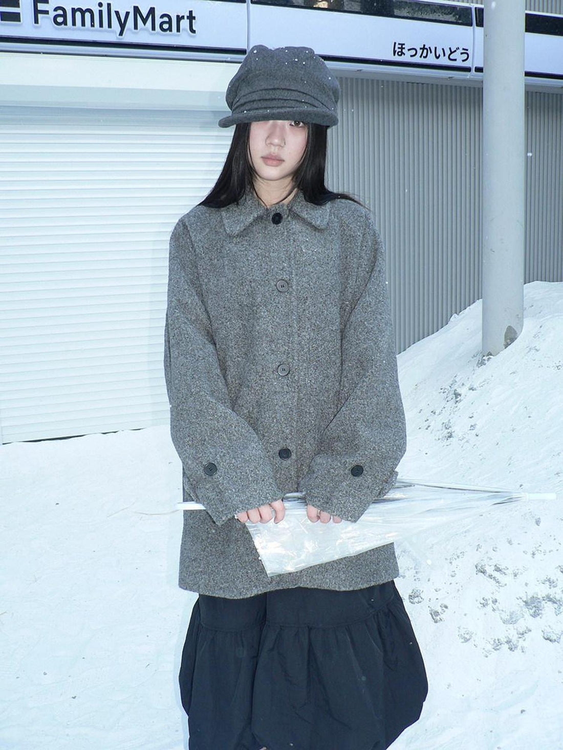 ang project Retro Commuter Straight Fit Lapel Mid Length Single Breasted Grey Women Coat