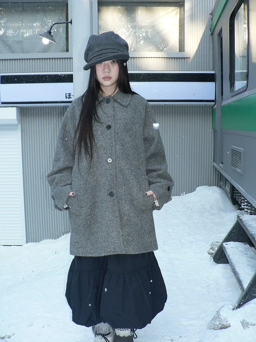 ang project Retro Commuter Straight Fit Lapel Mid Length Single Breasted Grey Women Coat